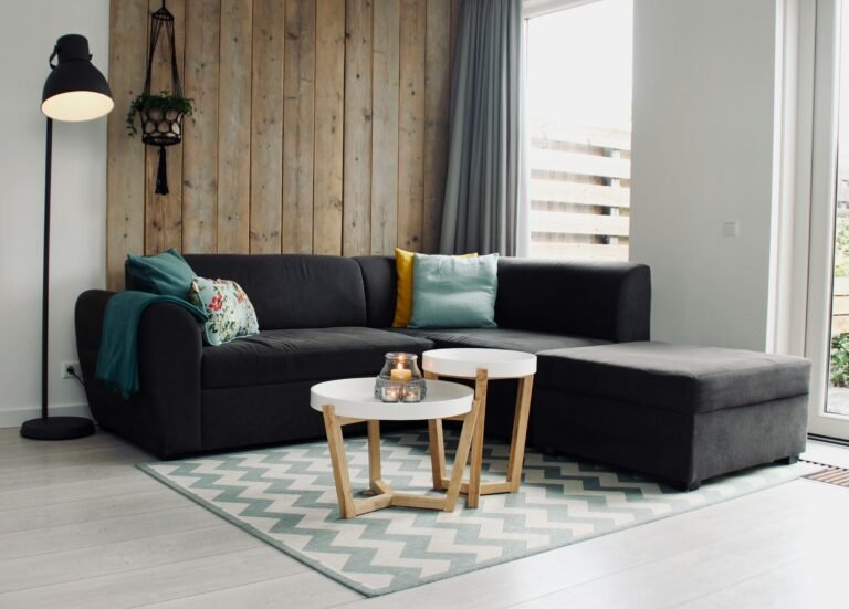 8x10 washable rug under a sectional sofa and coffee table