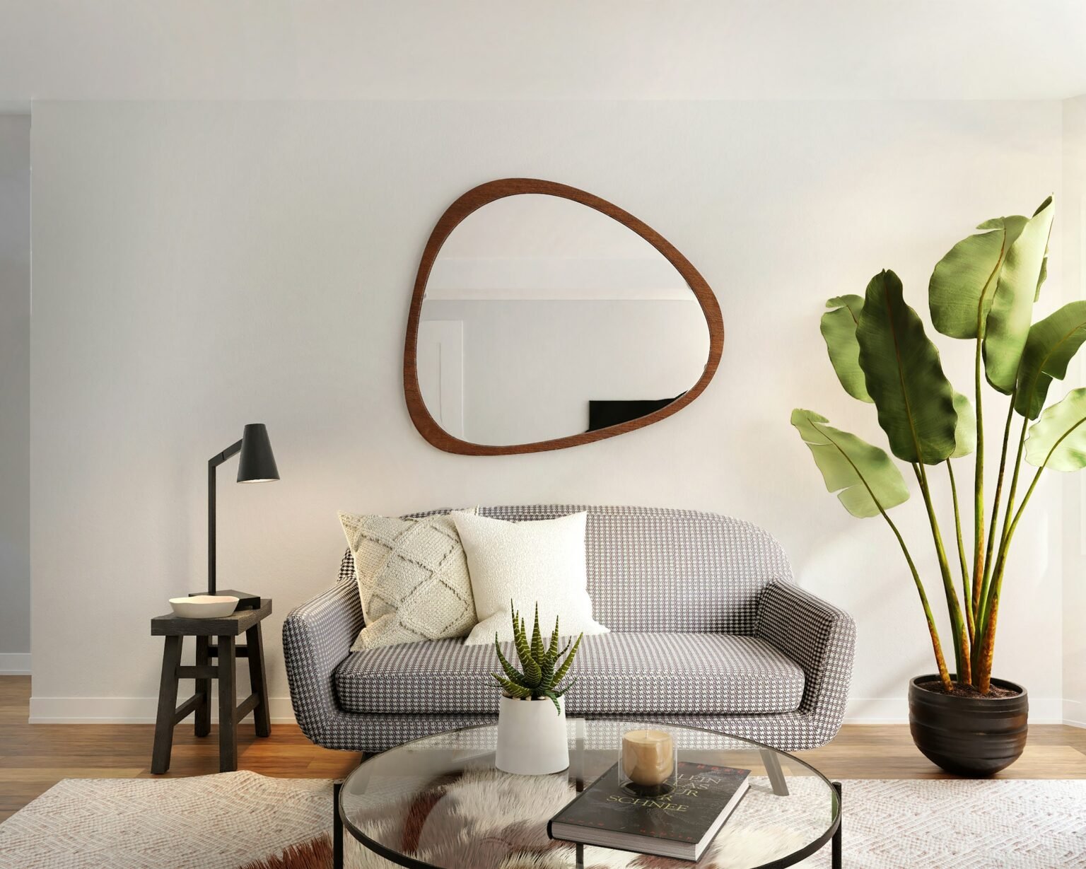 Gold arched floor mirror look in a styled living room