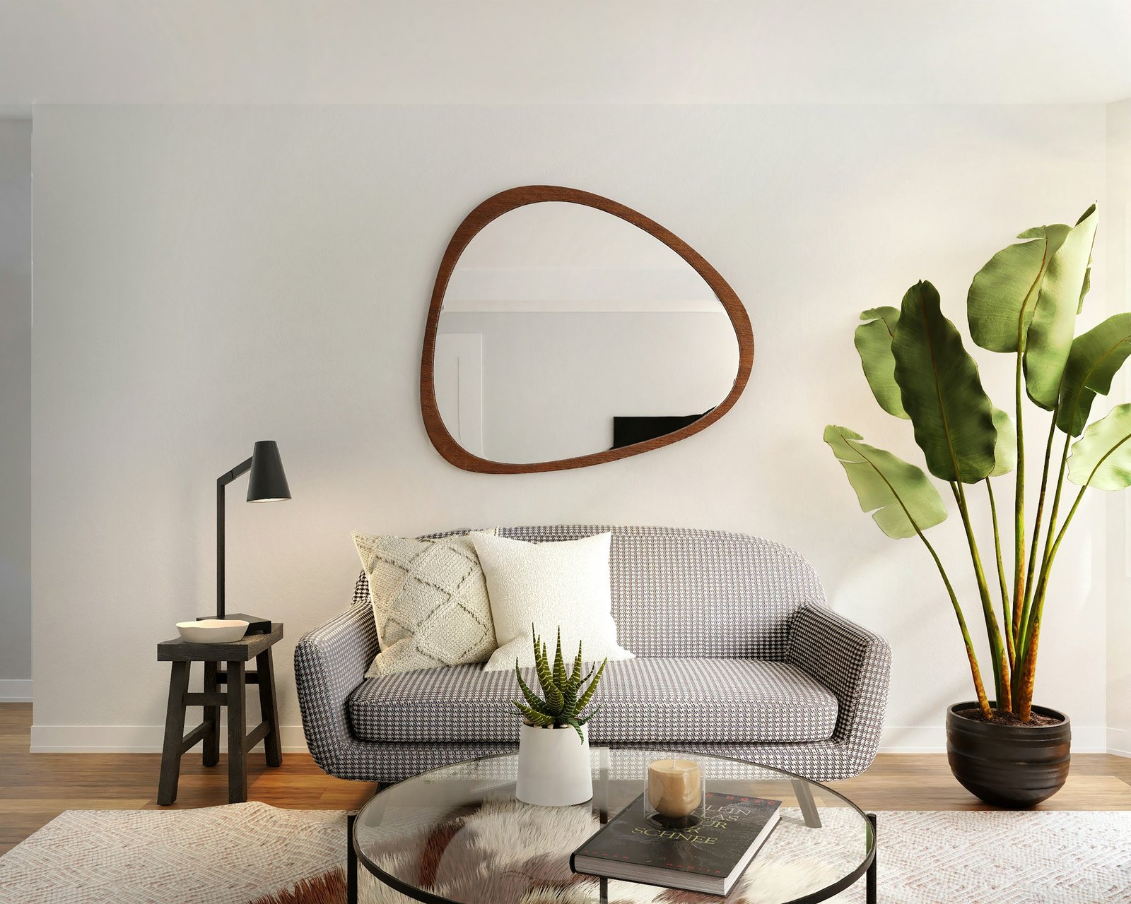 Gold arched floor mirror look in a styled living room