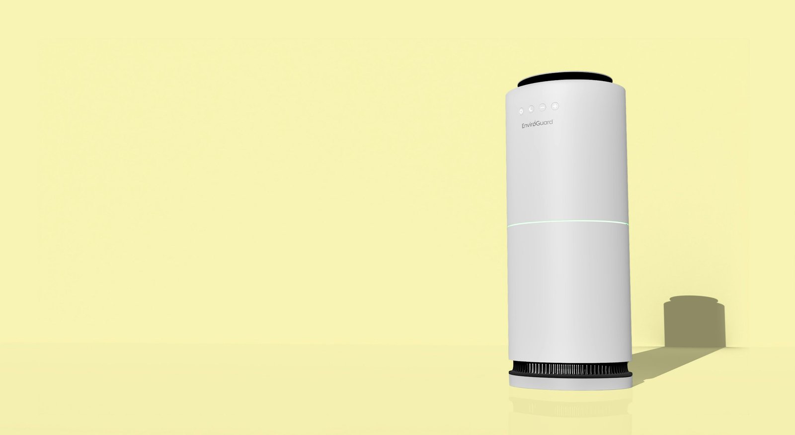 Best air purifier for bedroom: a white tower HEPA air purifier standing against a soft yellow wall