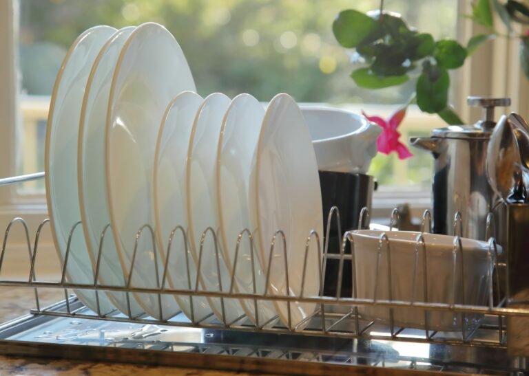 Best dish drying rack: white plates and a mug air-drying in a stainless steel rack by a sunny kitchen window