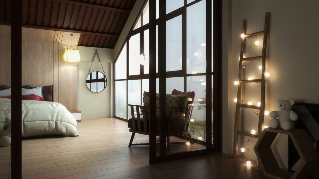 Fairy lights for bedroom wrapped on a ladder shelf in a cozy loft bedroom