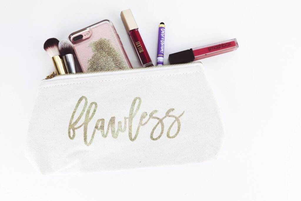 Hanging wash bag for women alternative: a canvas cosmetic pouch with makeup brushes and lipstick