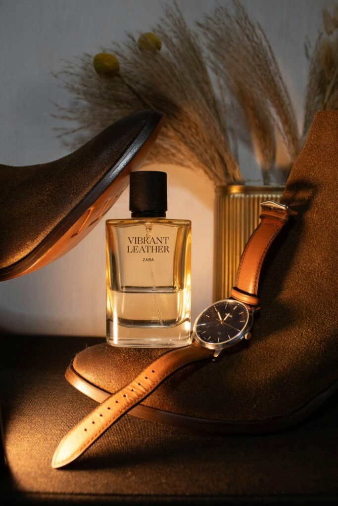 Luxury cologne bottle styled with a leather-strap watch and boots as a Christmas gift idea for him