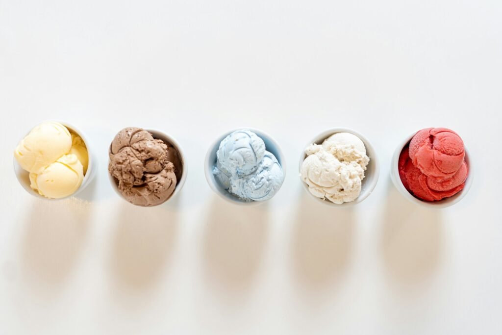 Homemade ice cream, gelato and sorbet in five bowls, made with a compressor ice cream maker or Ninja CREAMi