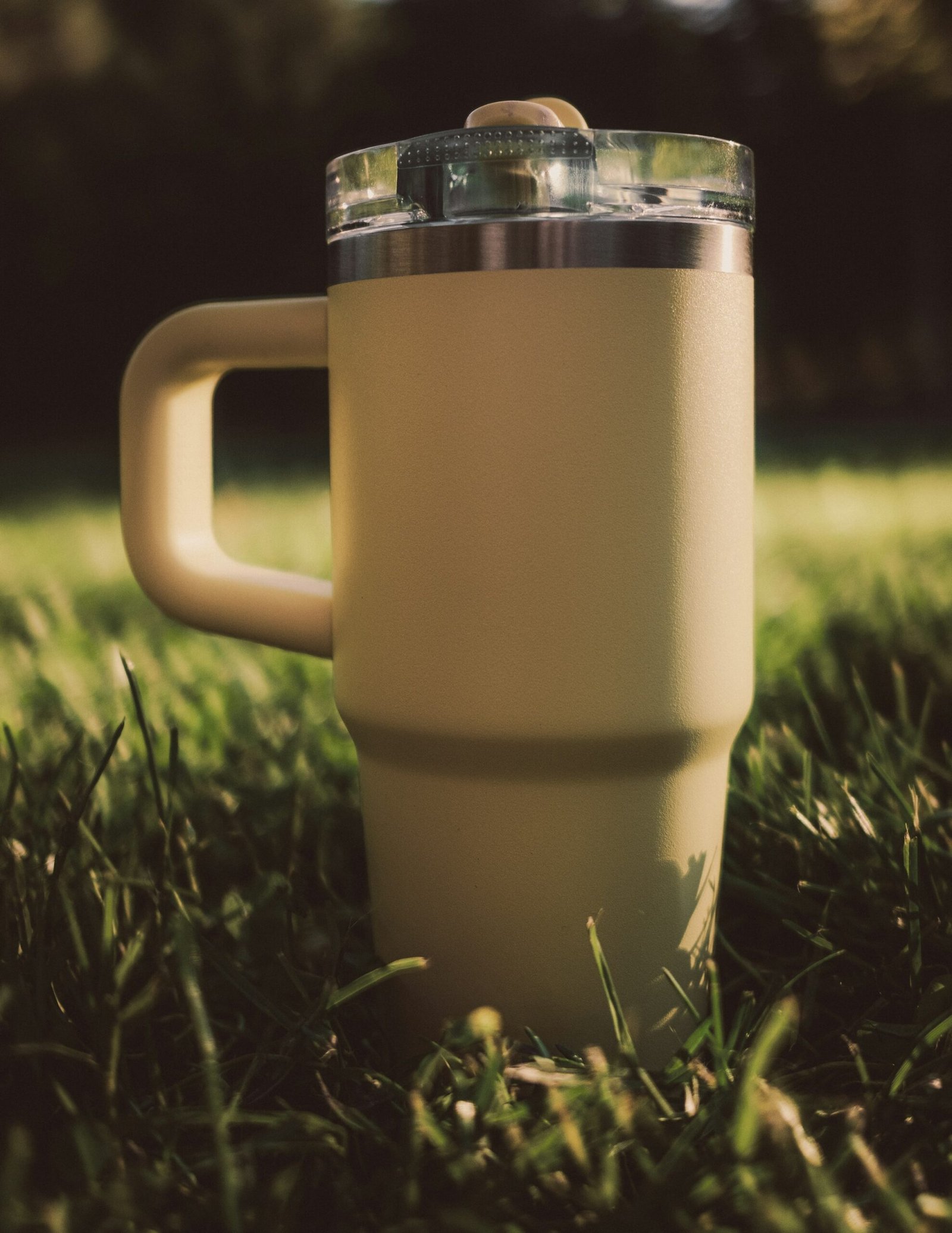 Best insulated tumbler: a cream 40 oz tumbler with handle and straw lid standing in green grass