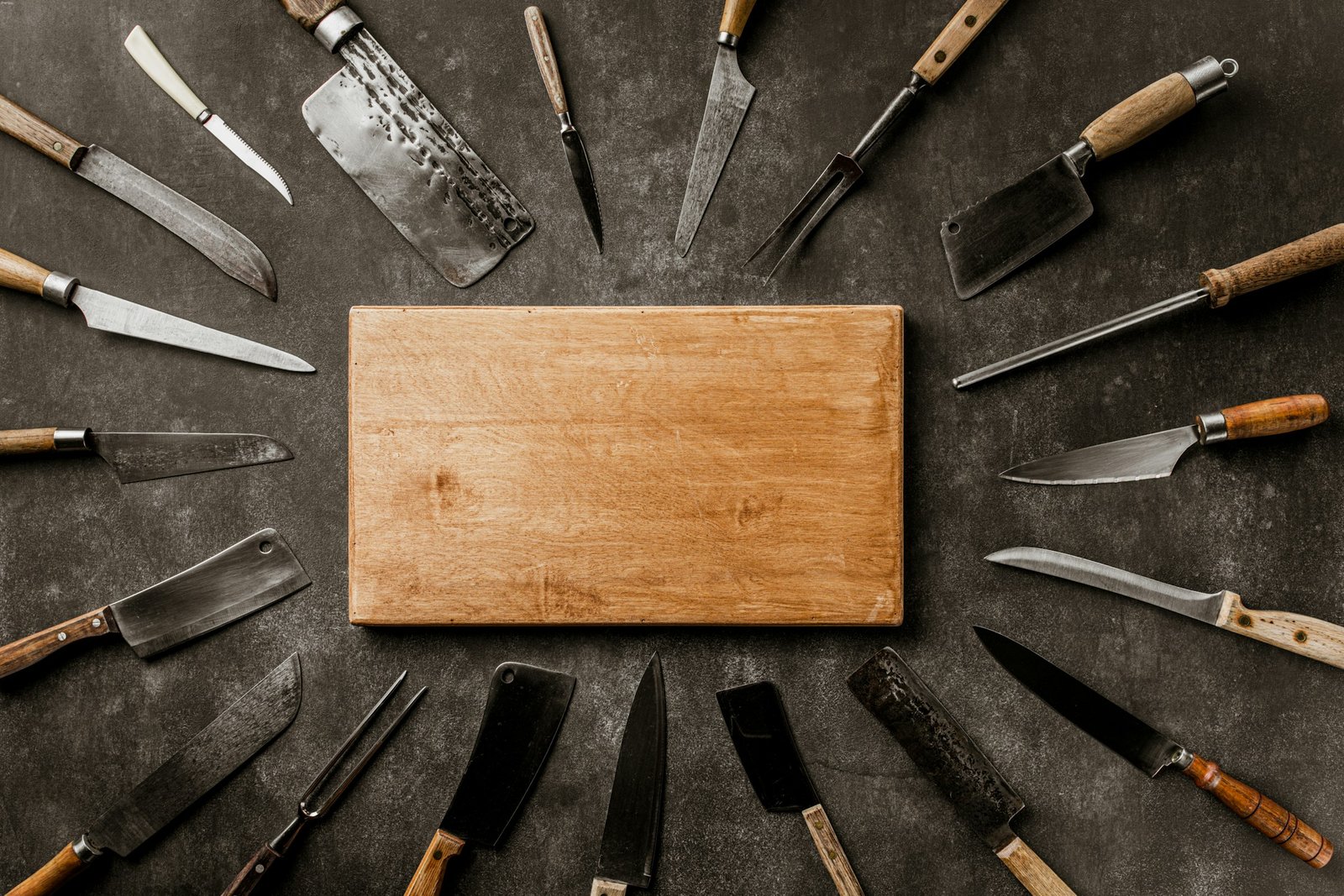 Best kitchen knife set guide: chef, carving and paring knives arranged around a wooden cutting board