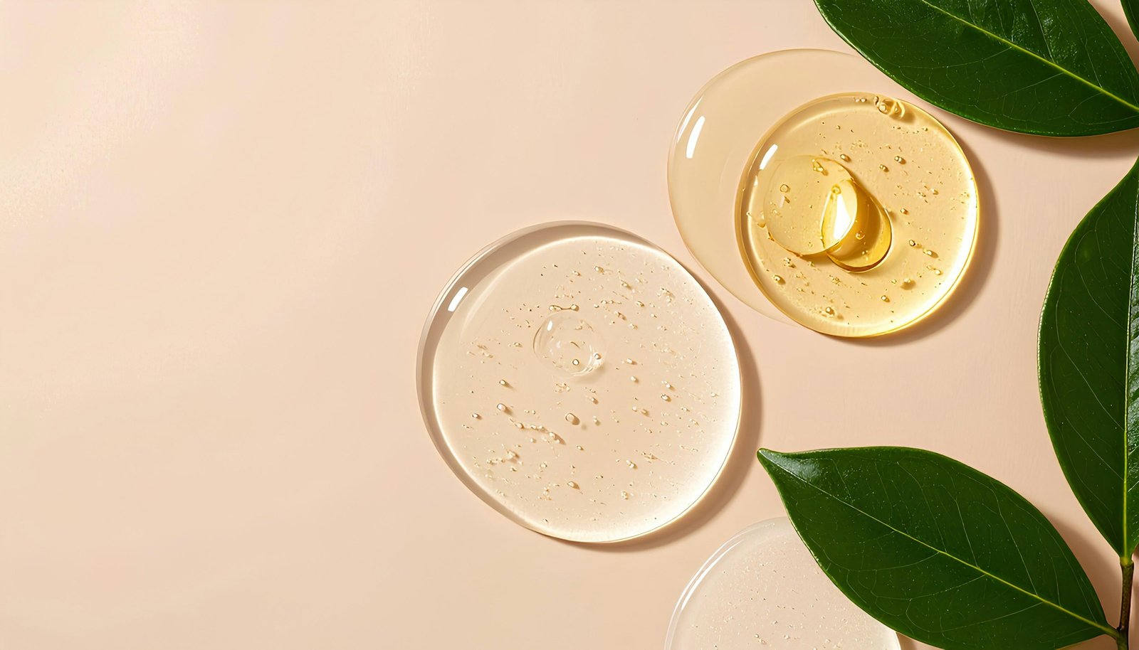 Best luxury face serum textures: clear and golden serum swatches beside green leaves on a peach background