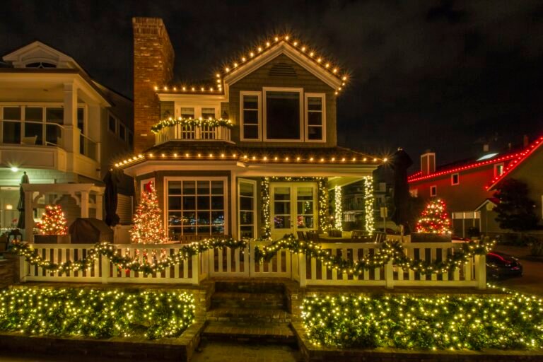 Best outdoor Christmas lights on a house roofline at night