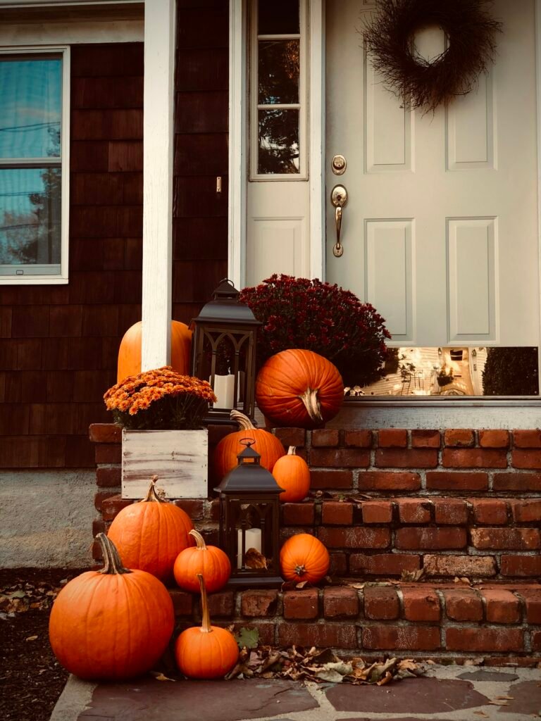 Best outdoor Halloween decorations glowing in a front yard at night
