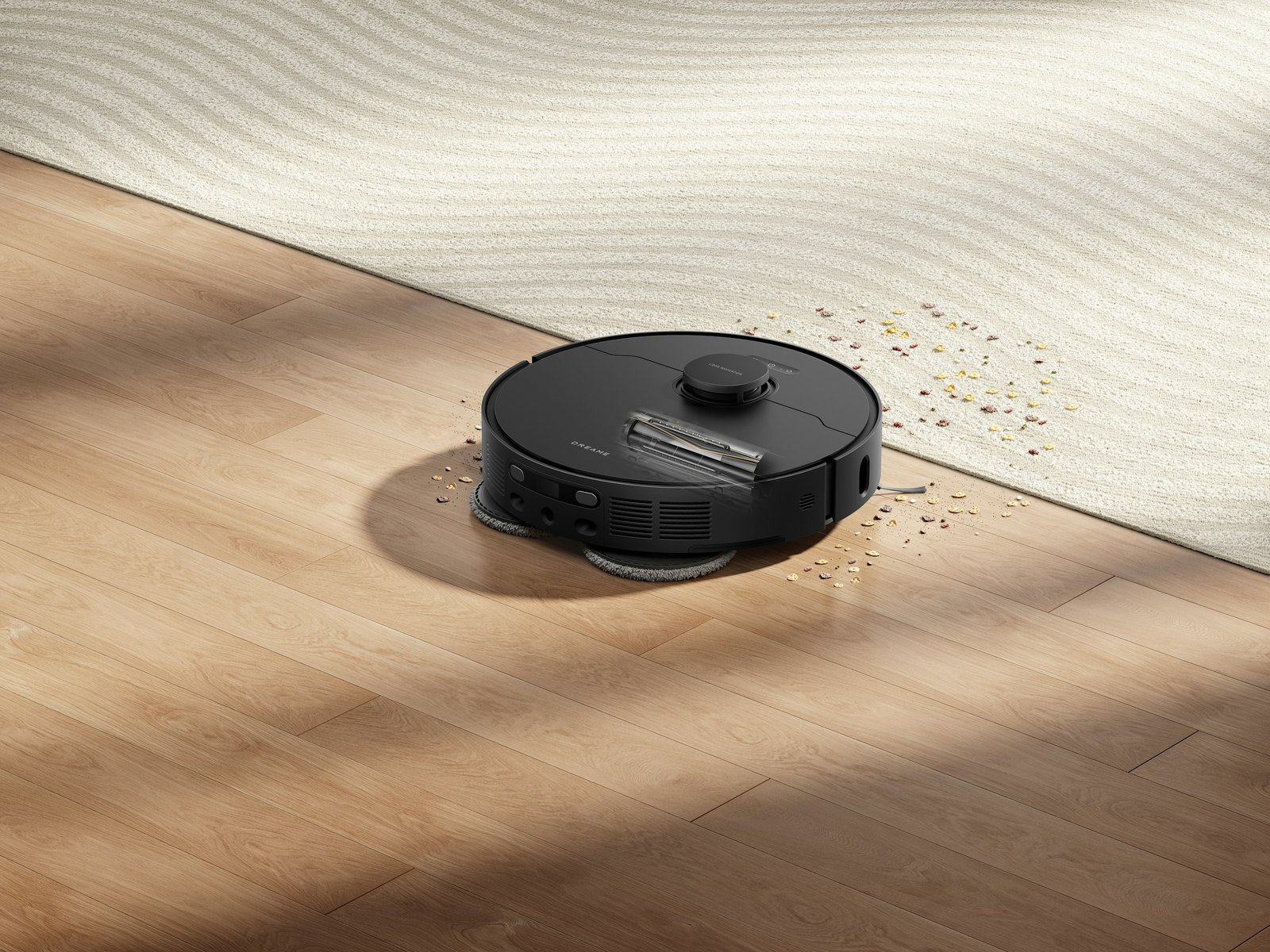 Best robot vacuum and mop combo: a black robot with twin mop pads cleans a light hardwood floor next to a cream rug