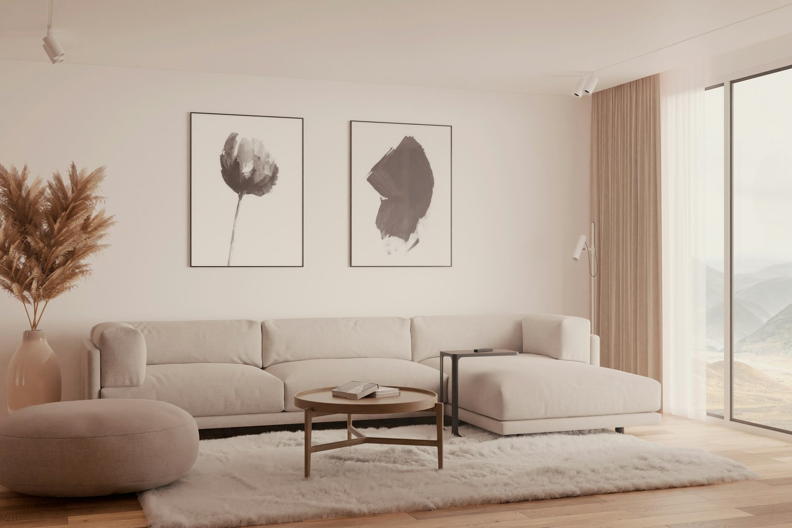 Best sectional for small living room: a cream L-shaped sectional with a right-facing chaise, round coffee table and shag rug