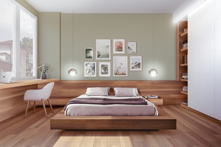 Best storage bed frames: upholstered bed in a small, tidy bedroom