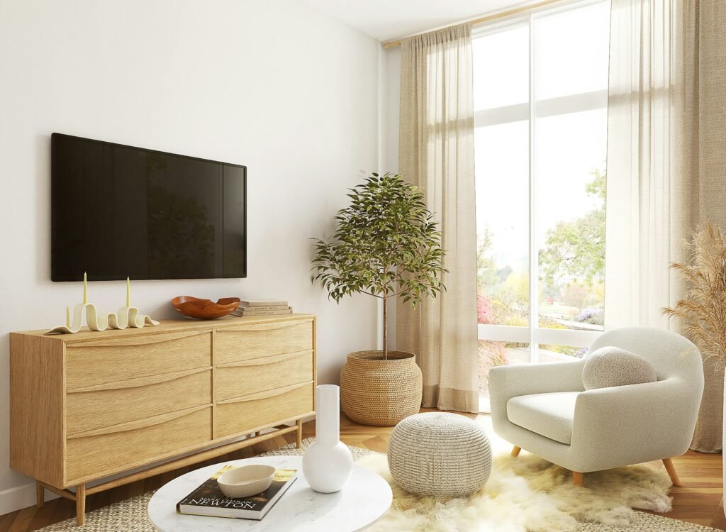 Best TV stands: a light oak mid-century media console under a wall-mounted TV in a bright living room
