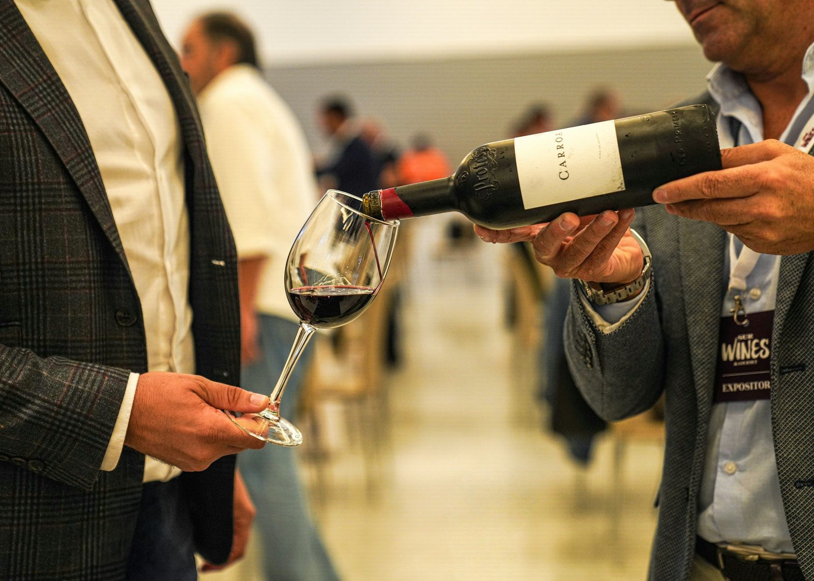 Best wine aerator pourer: red wine poured from the bottle into a large wine glass at a tasting
