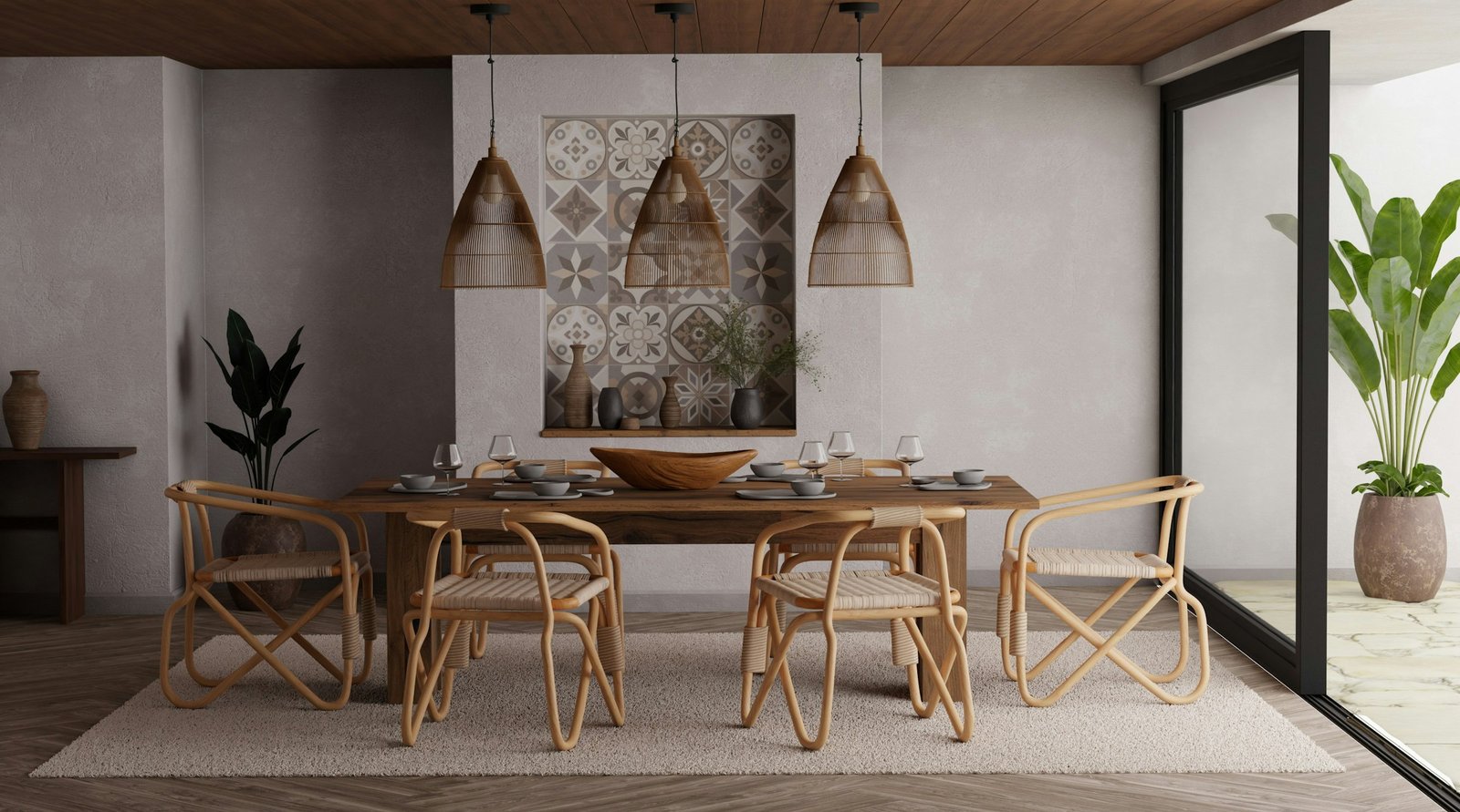 Boho table runner styling idea: a wooden dining table with woven chairs