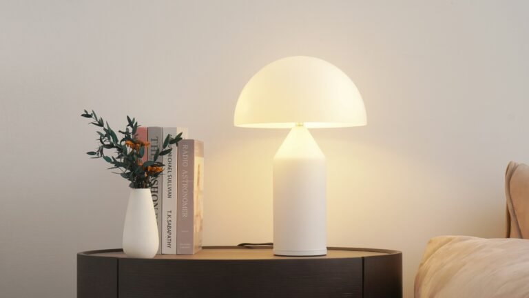 Cordless mushroom lamp style glow on a side table next to a vase and books