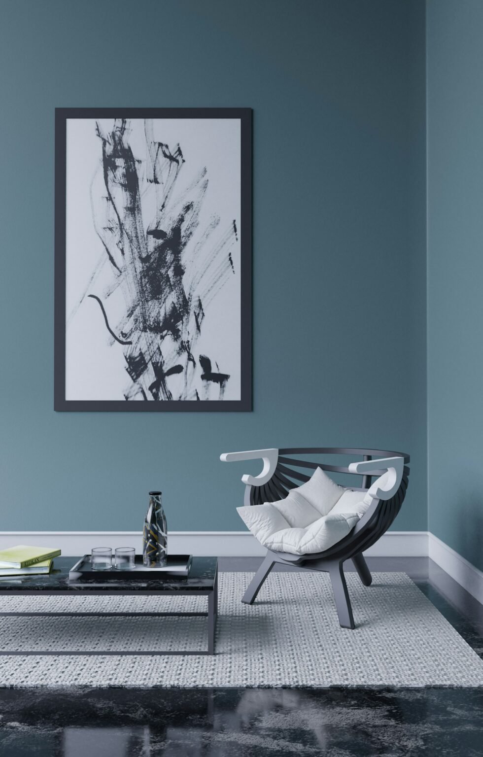 A living room with a large painting above furniture