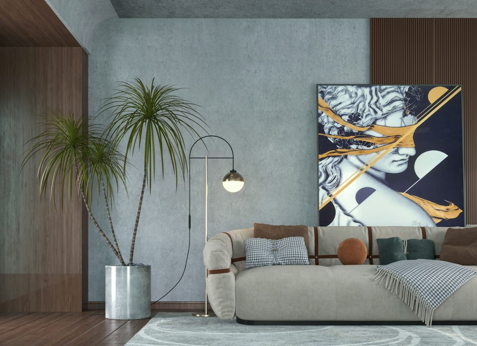 A living room with a fireplace and wall art