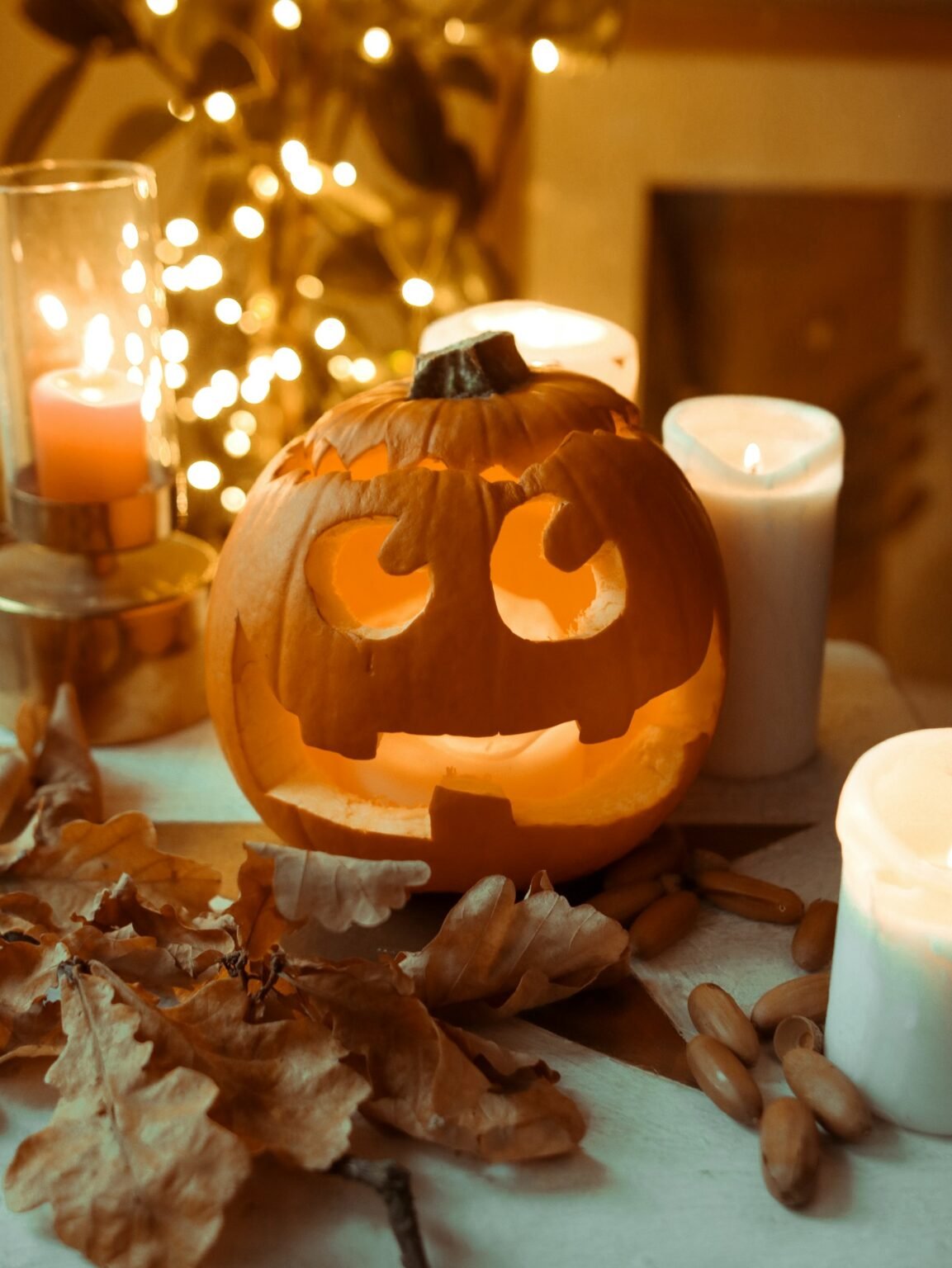 Carved jack-o-lantern on a gray blanket