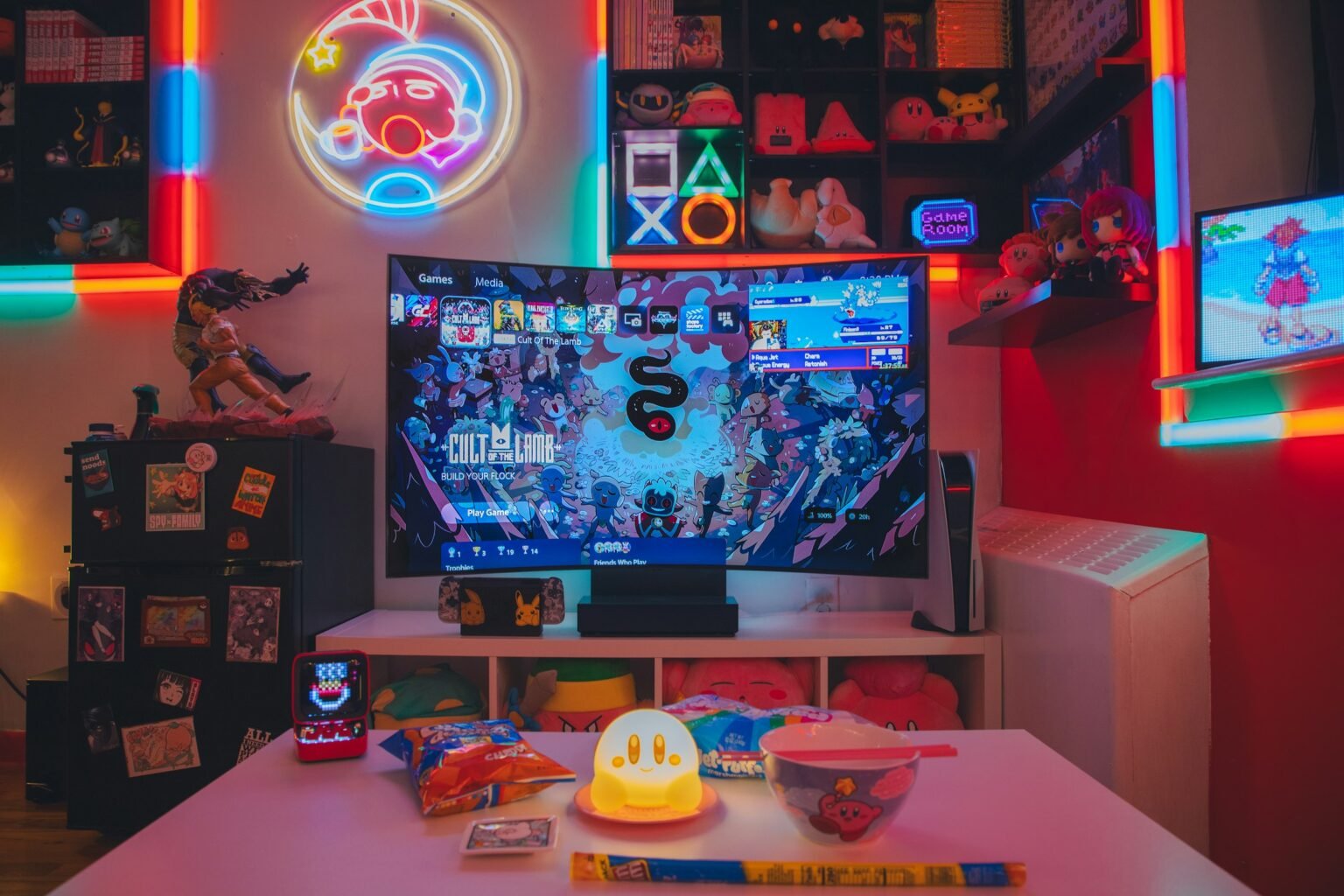 RGBIC LED strip lights style: a living room with a TV and colorful neon glow