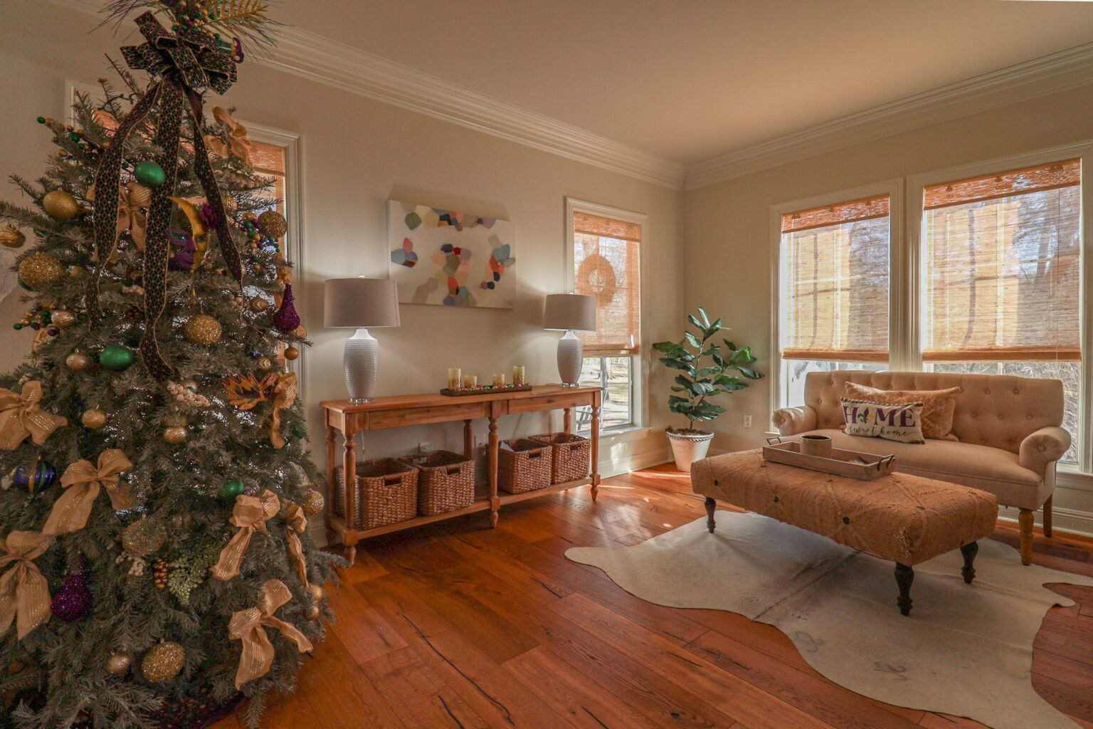 Cozy living room ready for holiday guests, a setting for housewarming gifts for new homeowners