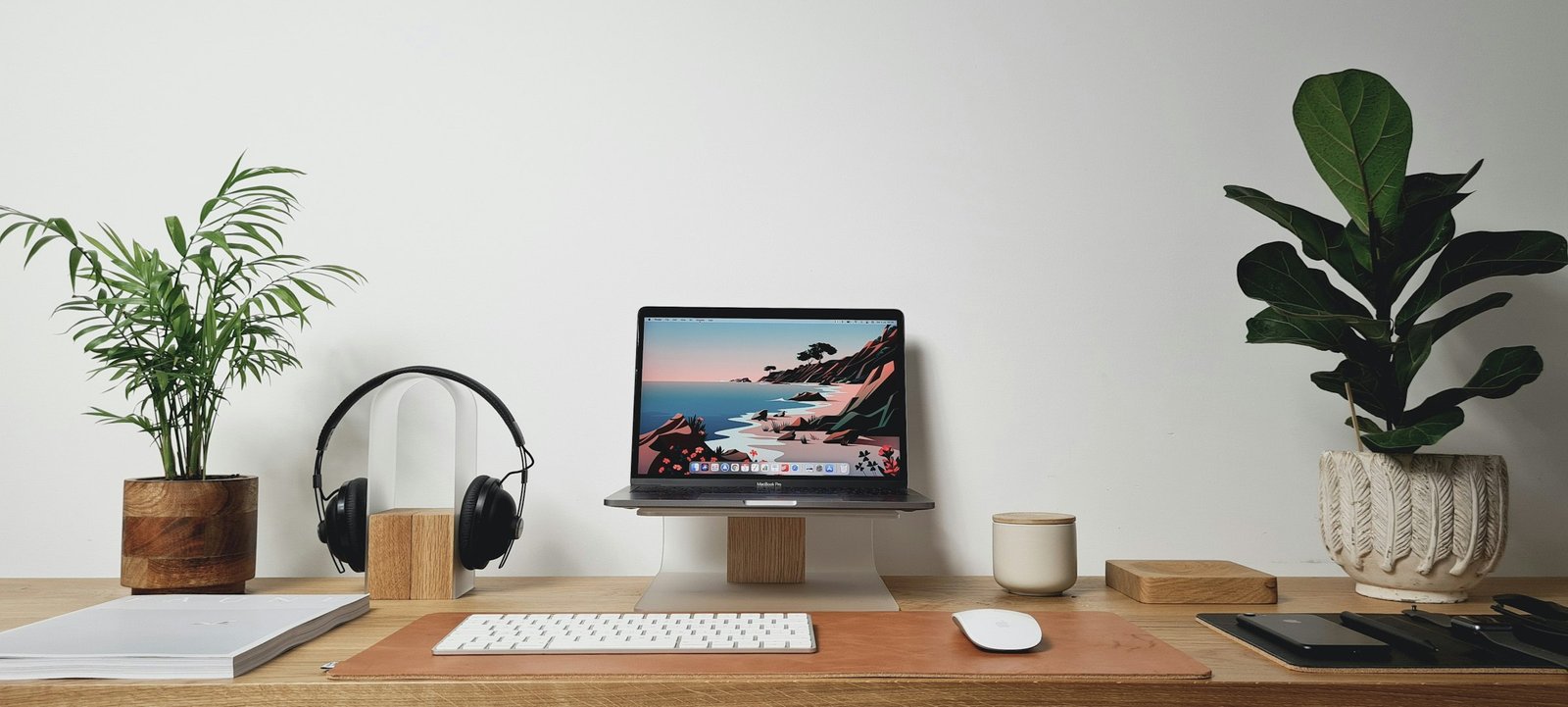 LED desk lamp setting idea: a clean home office desk with a computer