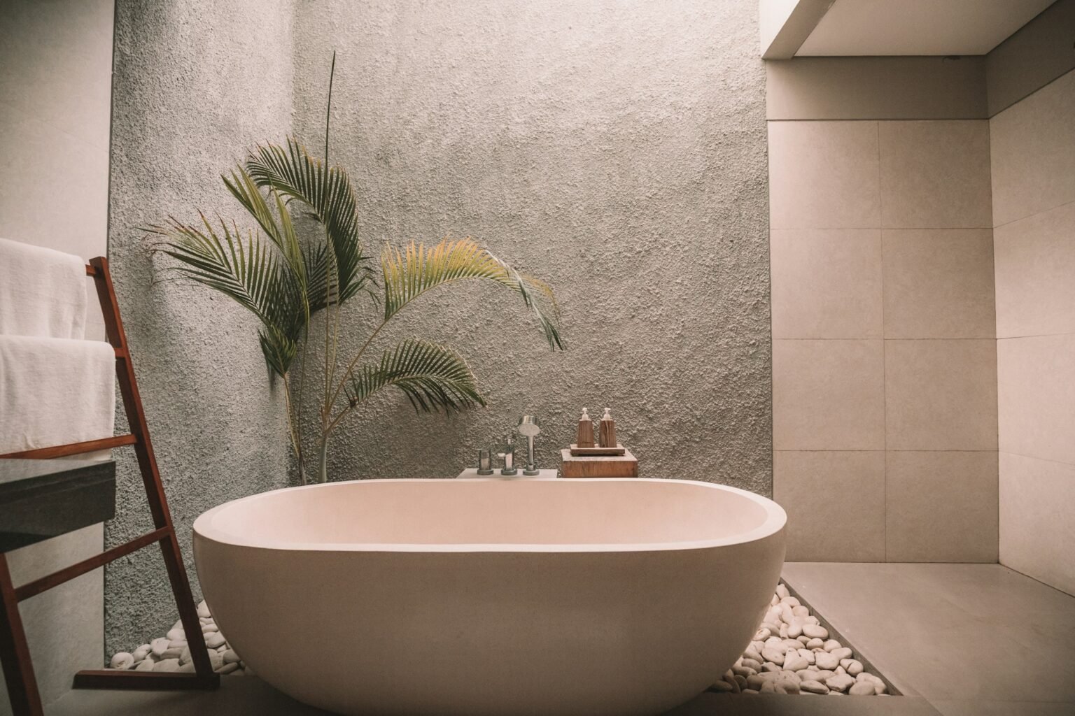 Waffle shower curtain inspiration: a bright, white spa-style bathroom