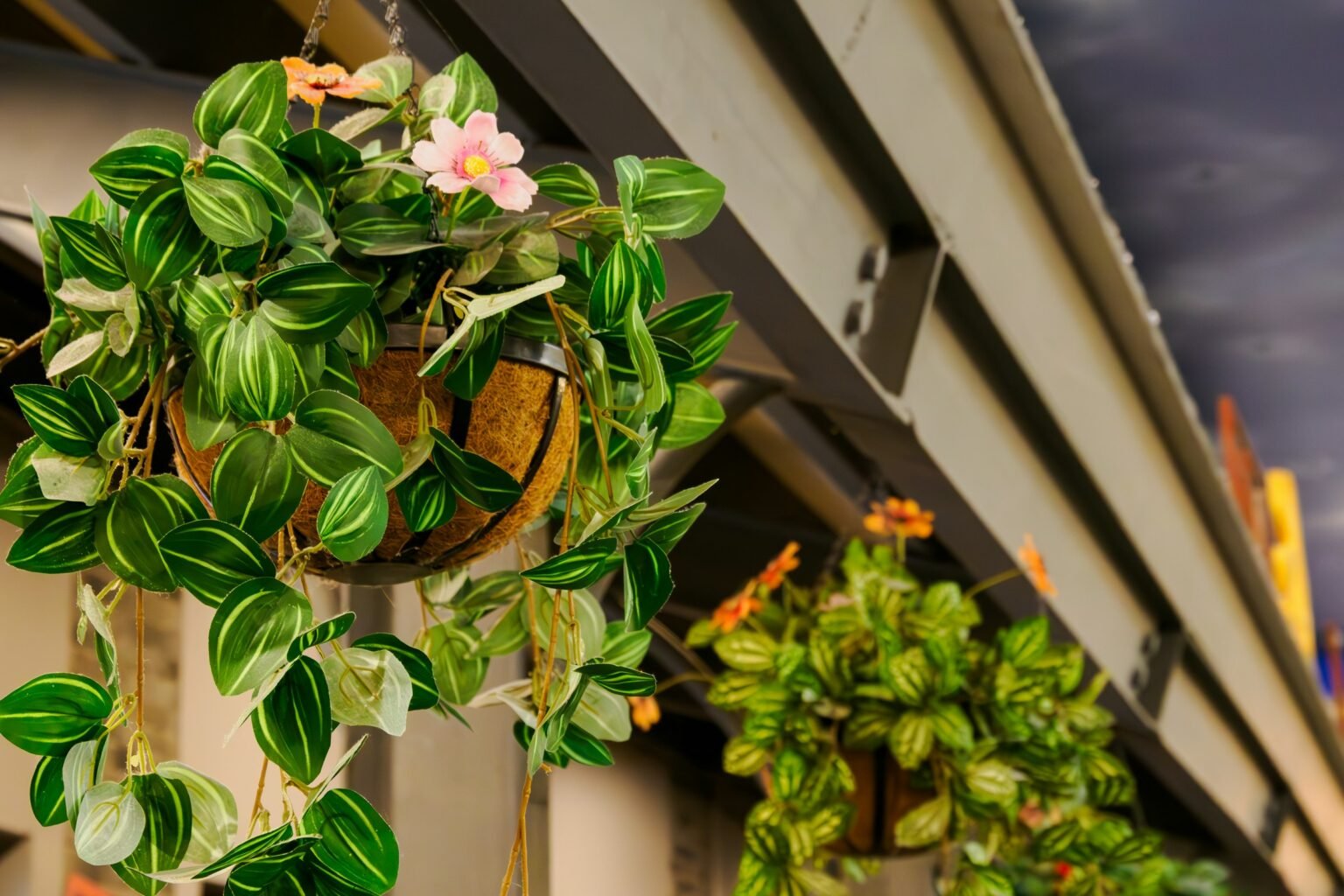 Fake hanging plants for porch styling: trailing green vines spilling from a hanging basket under a porch roof