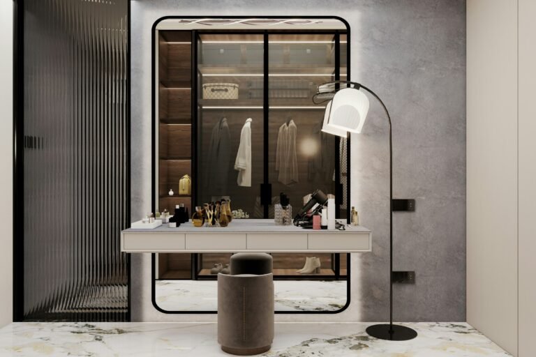Over the door mirror style: a tall slim black-framed mirror in a modern dressing room
