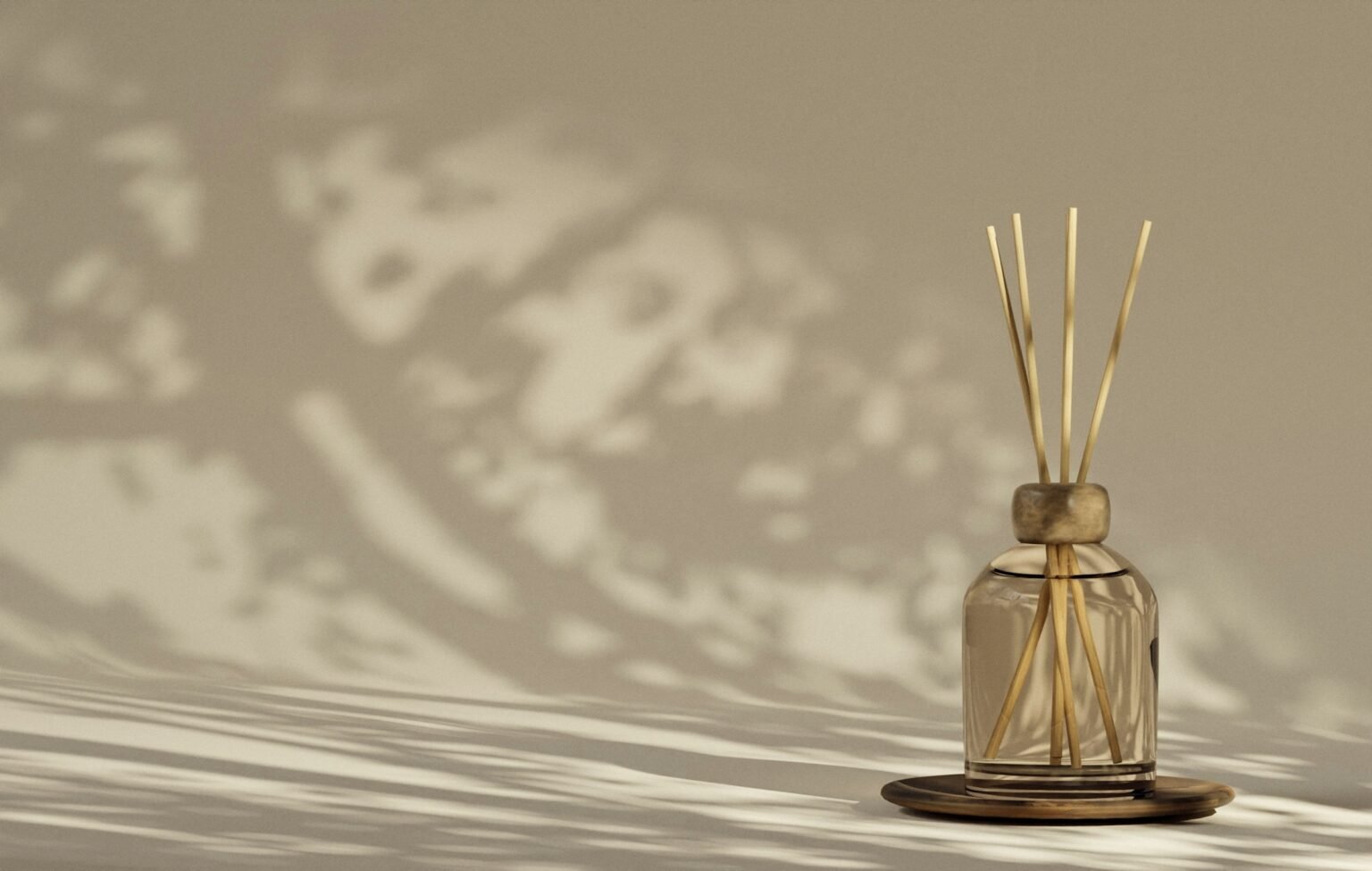 Reed diffuser set with sticks casting shadows on a neutral wall