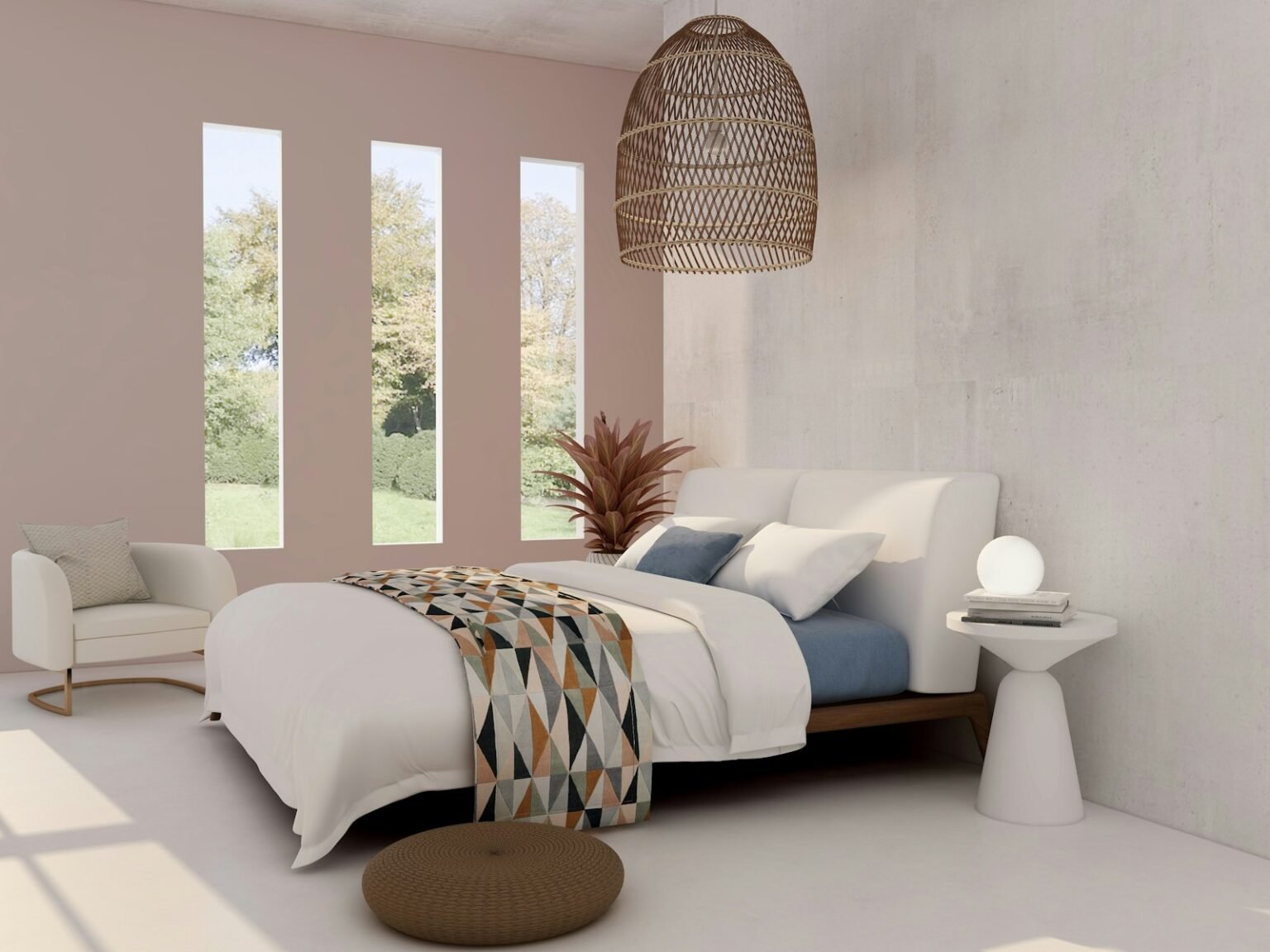 Bed with white and blue linens