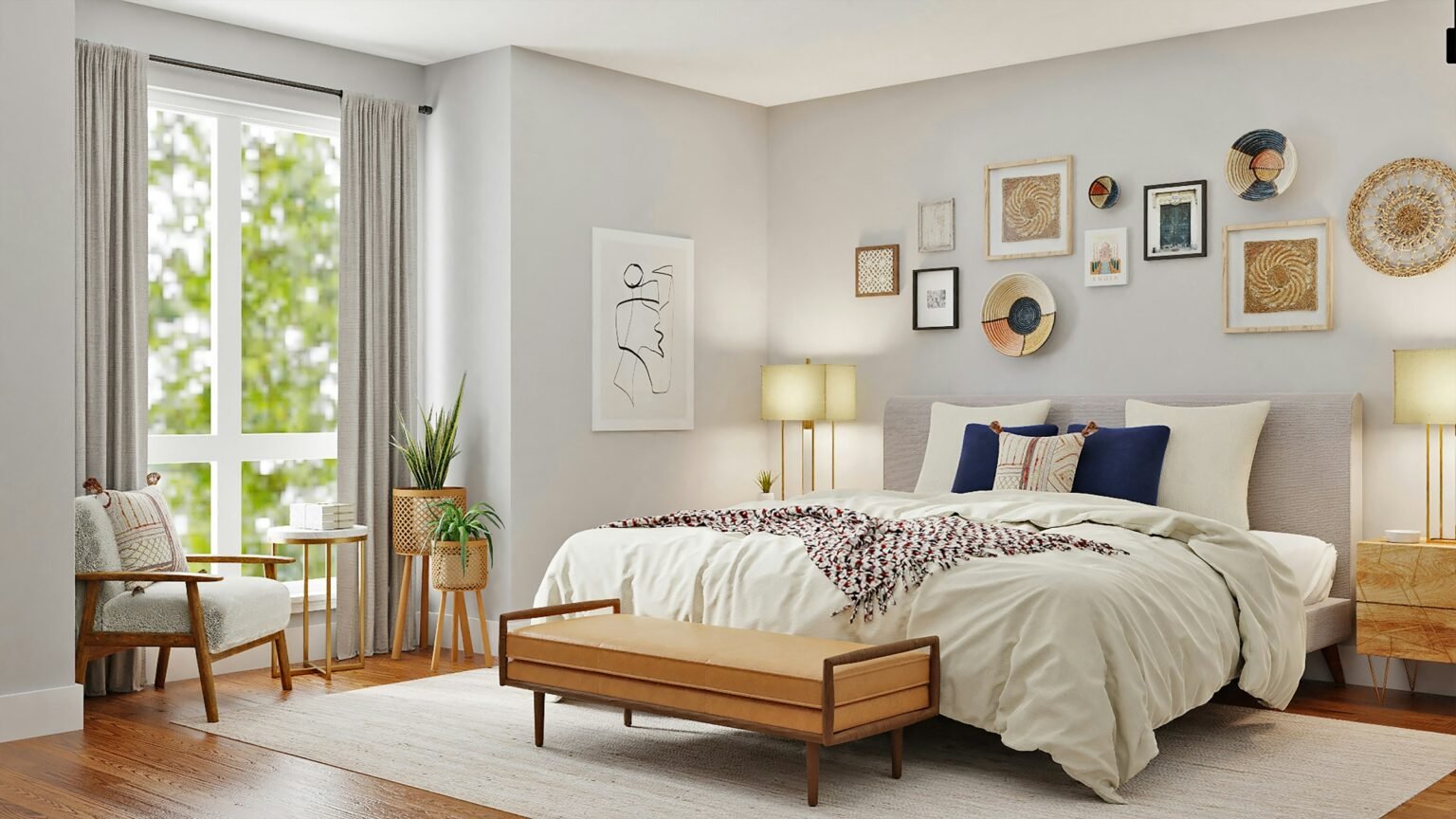 Sunlit bedroom with a bed, leather bench and wall art