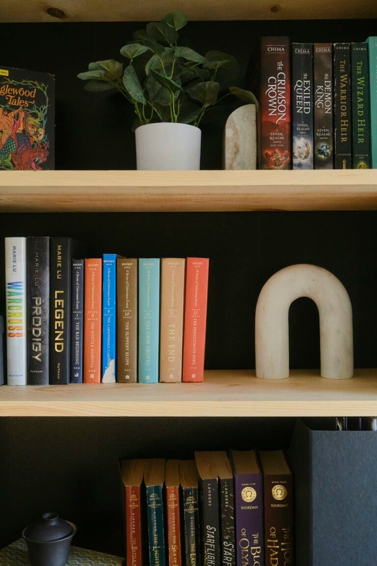Bookshelf filled with books next to a potted plant