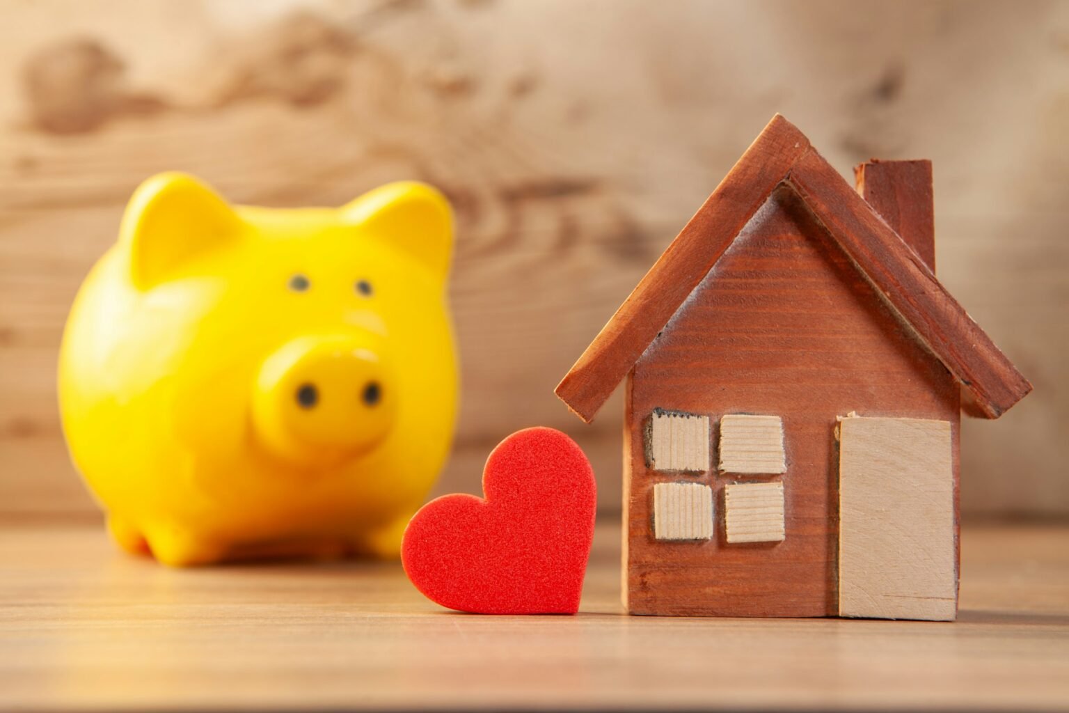 Yellow piggy bank with a wooden house