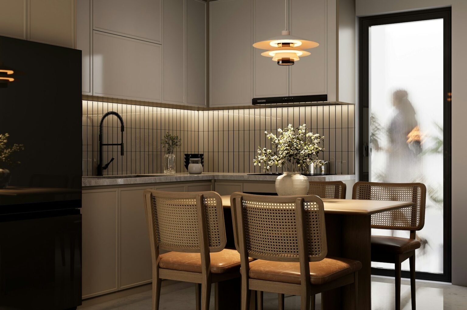 Modern kitchen with a dining table and chairs