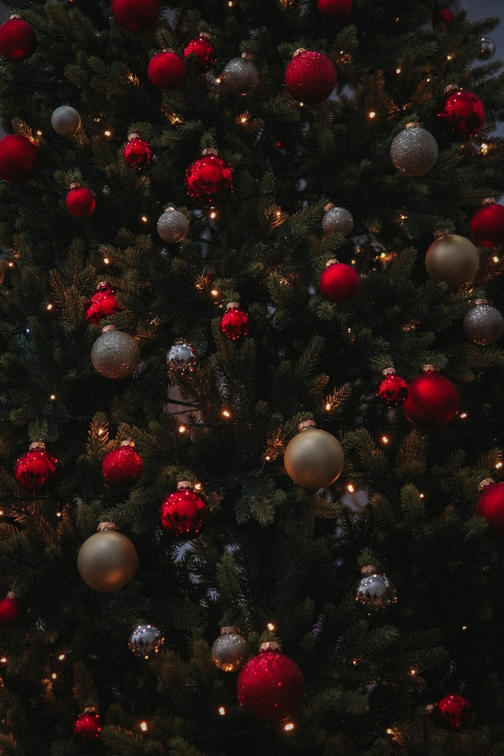Christmas tree with red and silver ornaments
