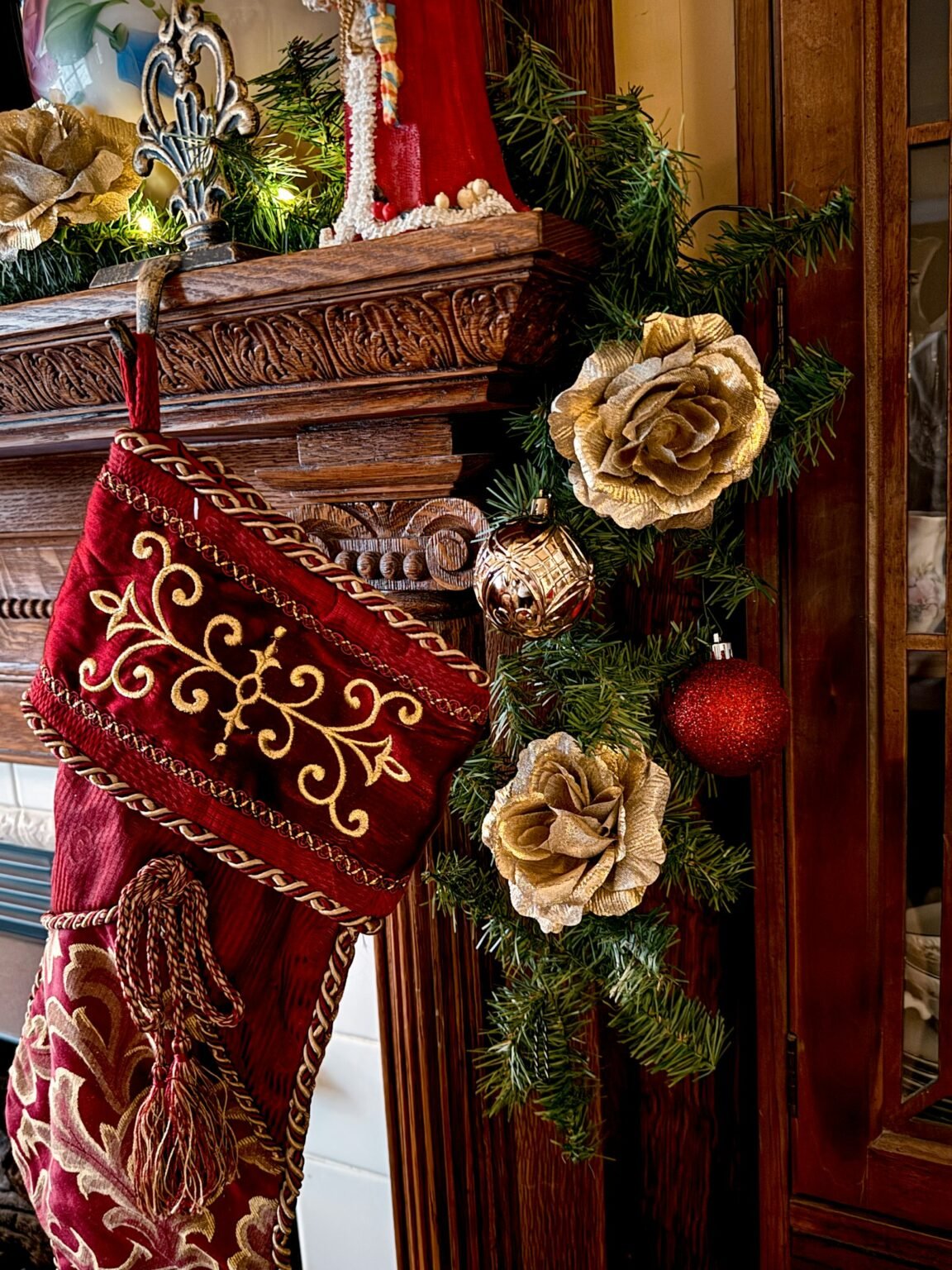 Christmas stocking hanging on a decorated mantel