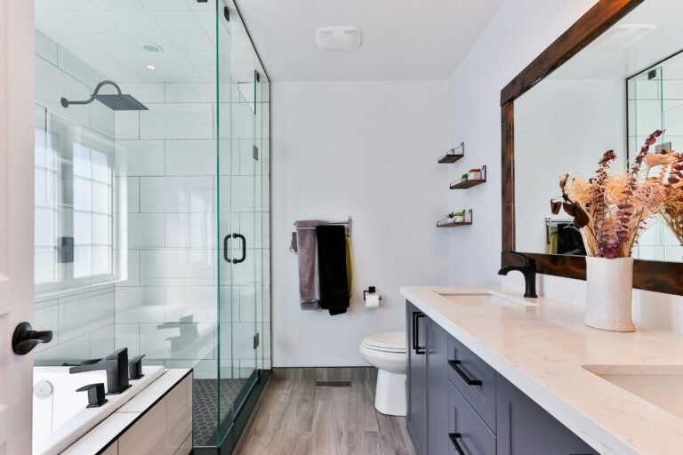 Modern white bathroom with a glass shower