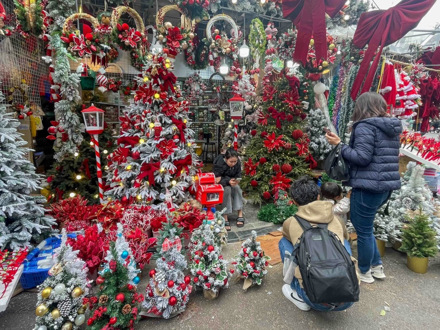 People browsing a Christmas tree market