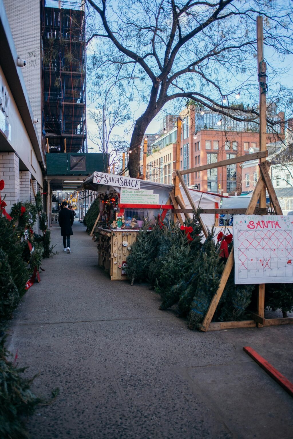 Christmas tree stand on a city sidewalk