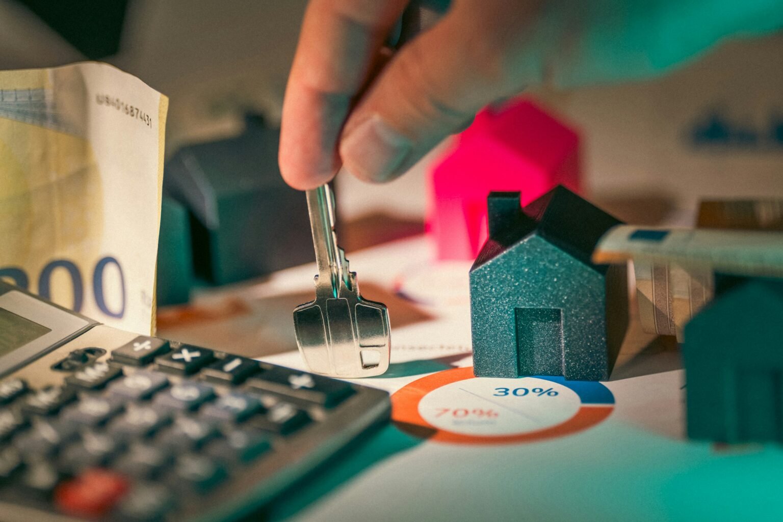 Hand holding a key over house models