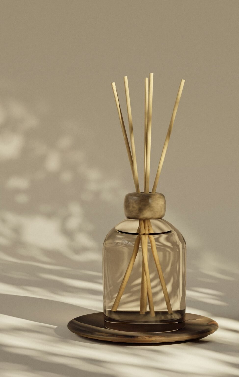 Reed diffuser on a wooden plate