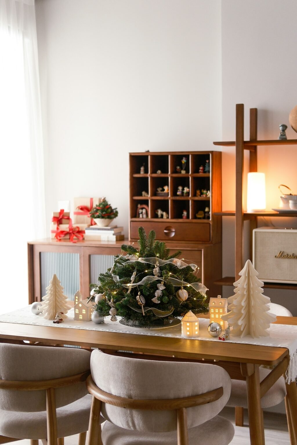Dining table with a small Christmas tree
