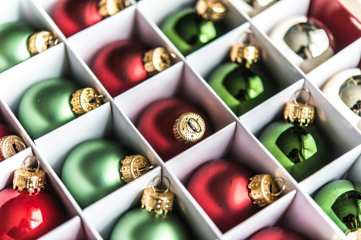 Box filled with colorful ornaments