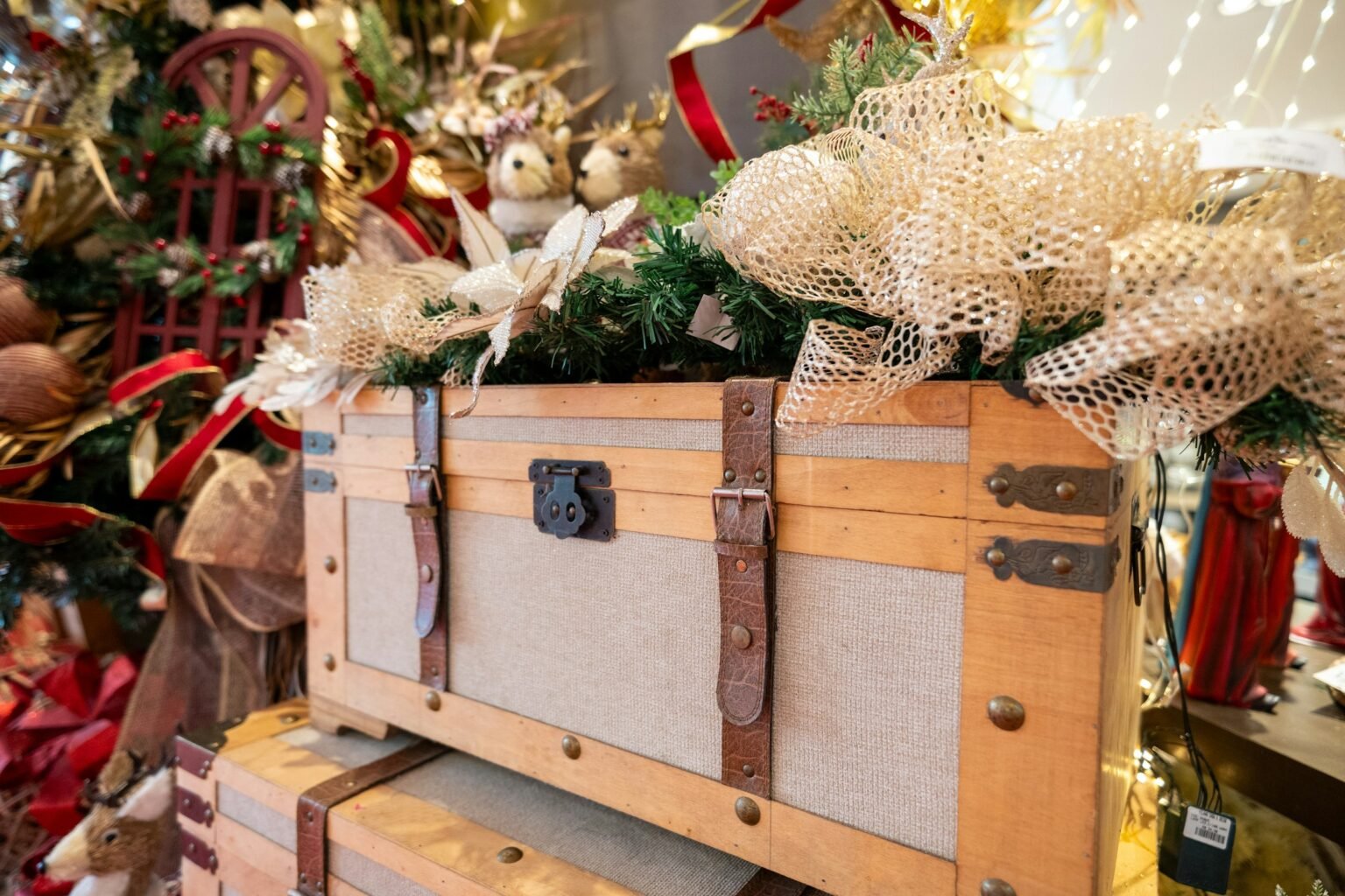 Wooden trunk with Christmas decorations