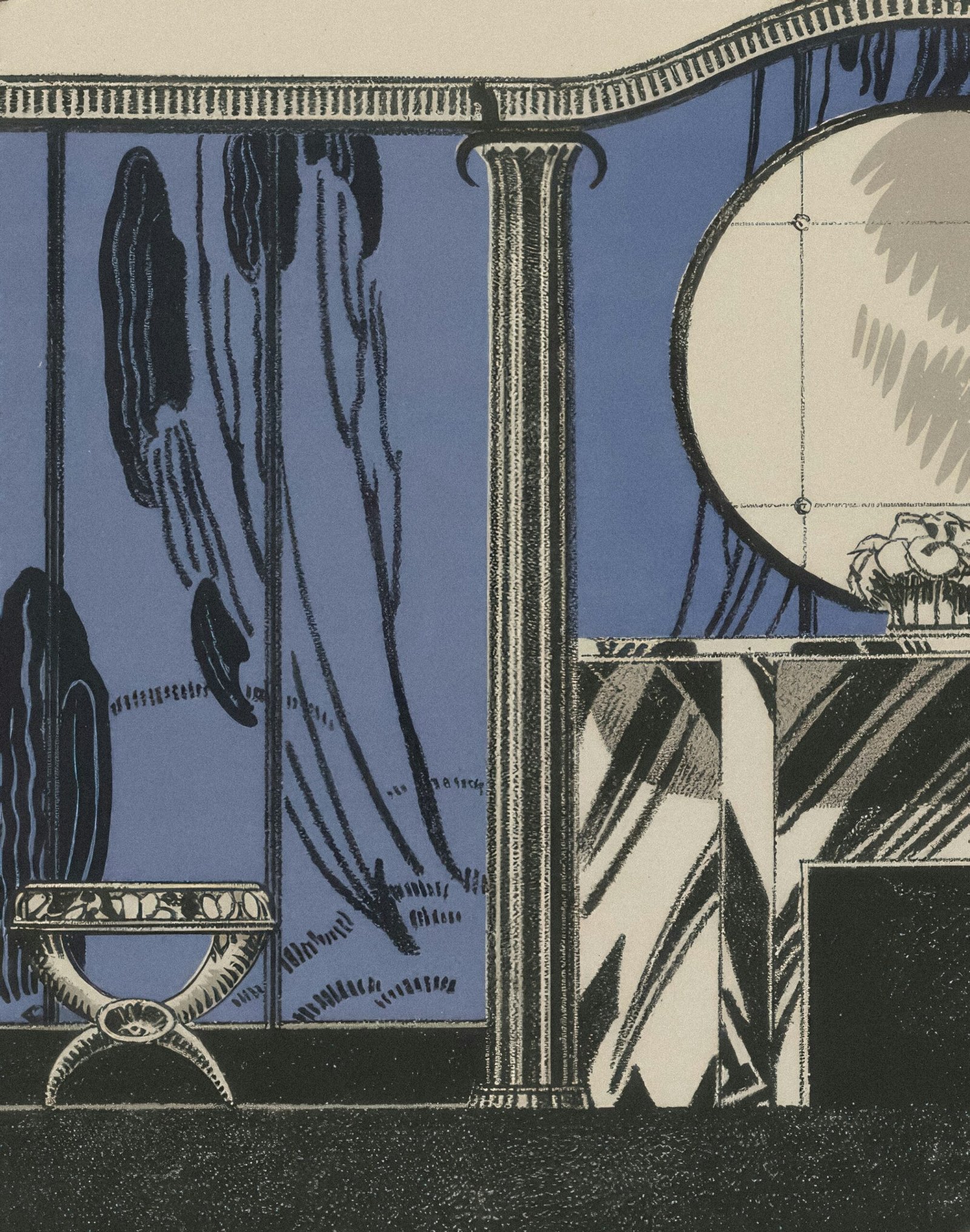 Art deco interior with a column and fireplace