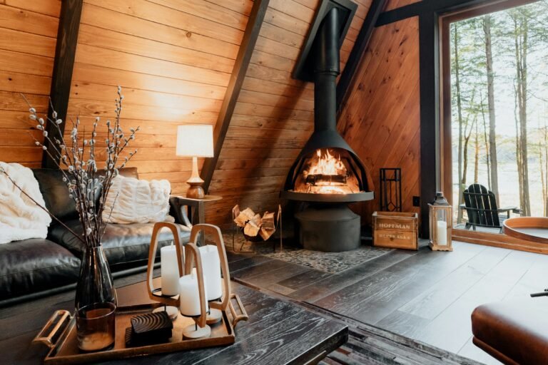 Living room with a fireplace in winter