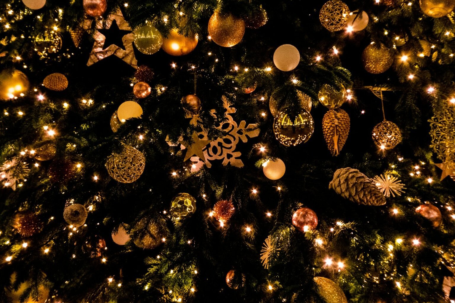 Gold ornaments on a Christmas tree
