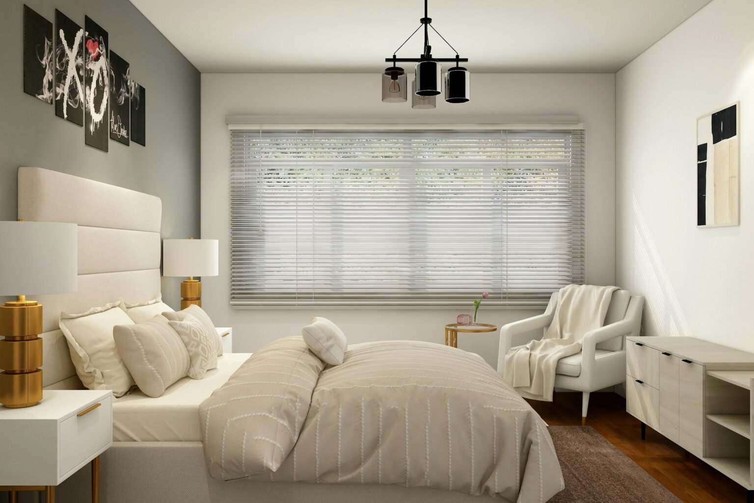 Temporary blinds idea: a bright white bedroom with a light-filtering shade across a wide window